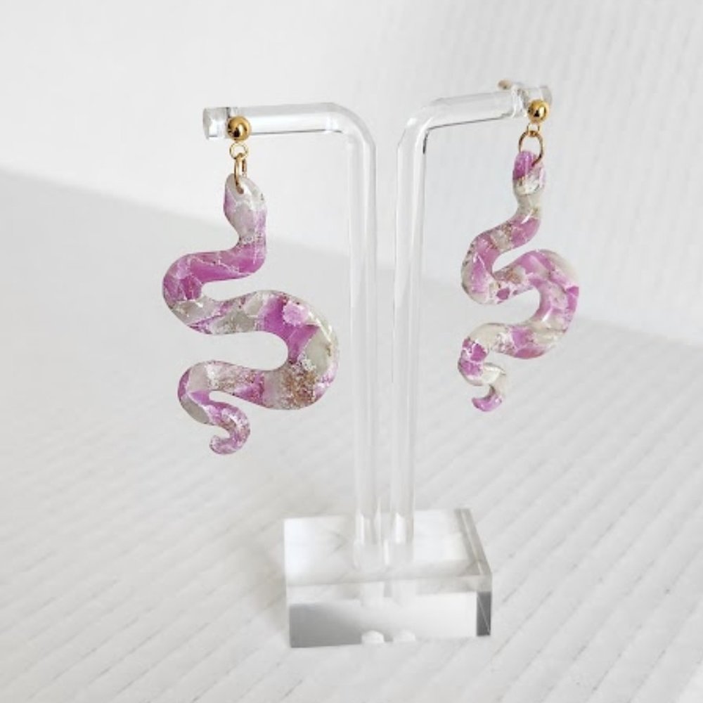 Purple Snake Polymer clay earrings handmade Lightweight Hypoallergenic 2.25"